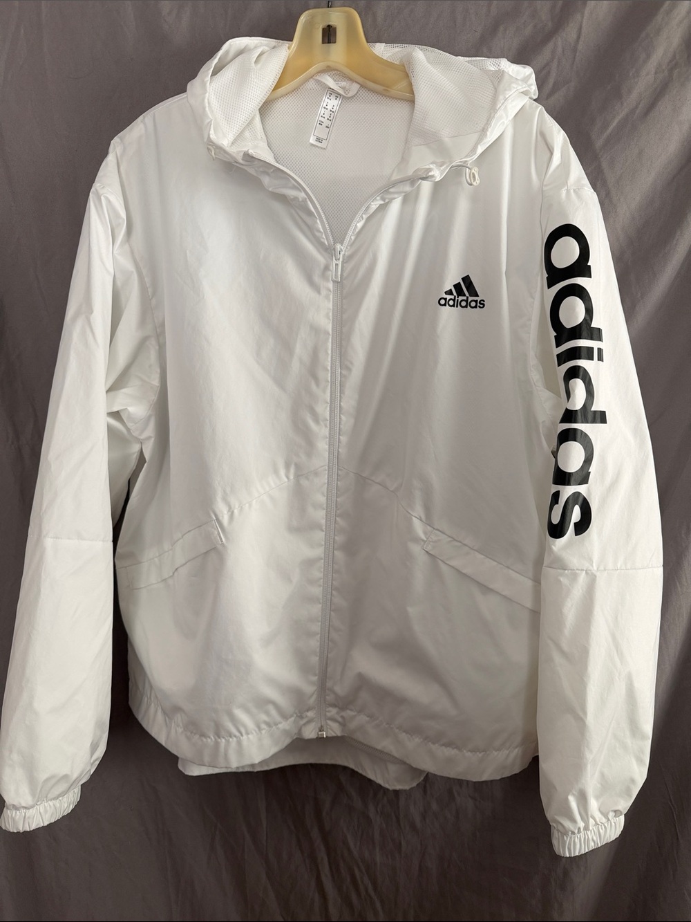 adidas White Hooded Windbreaker with Black Sleeve Logo